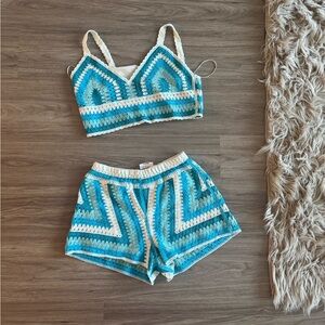 Blue and White Crochet Bralette and Shorts Set